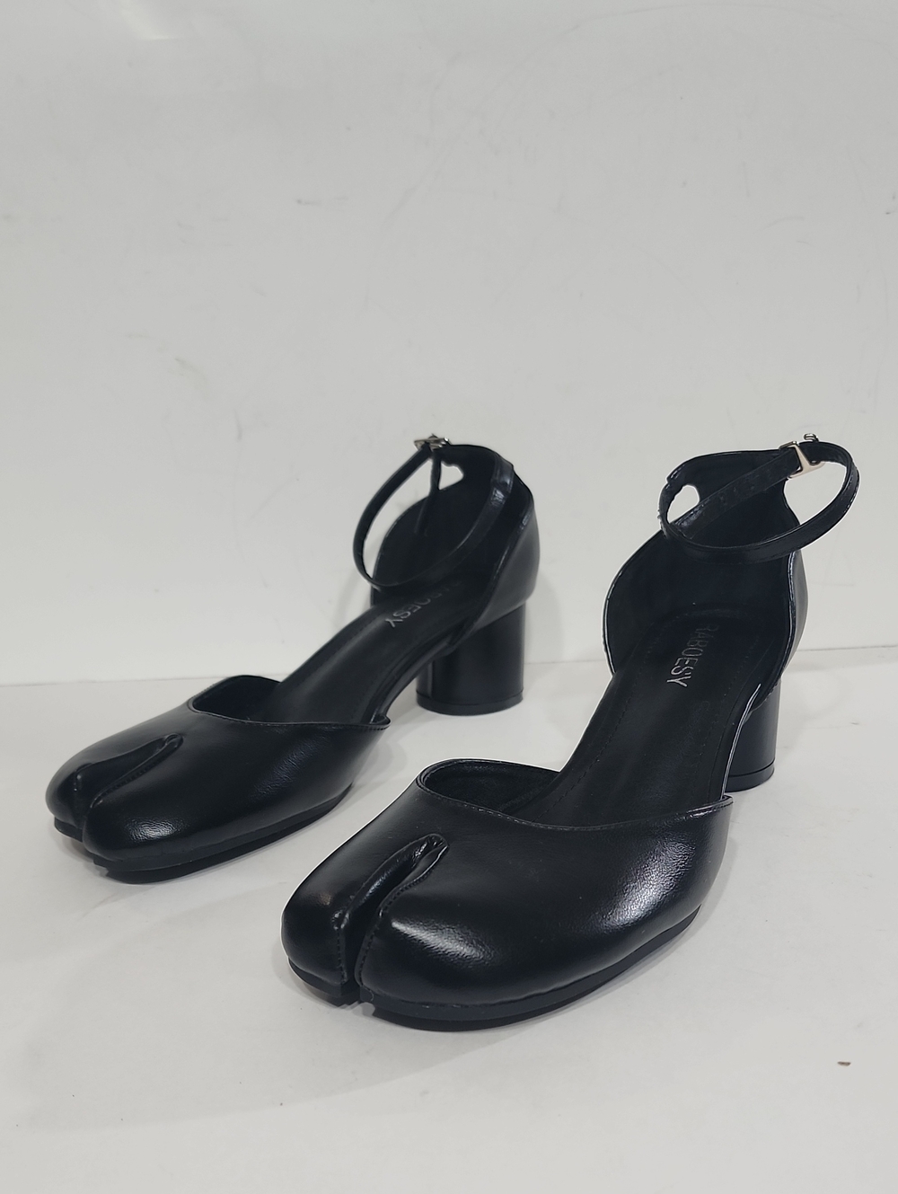 Raboesy Black Leather Split Toe Tabi Ankle Strap Block Heel Sandals Size 40